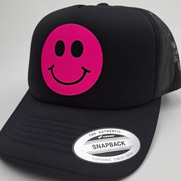 Accessories - Smiley Face Glow in the Dark Pink Foam Trucker Mesh Snapback Cap Hat Black Rave